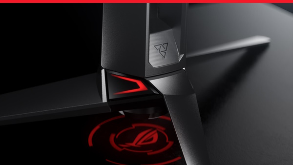 Das ROG-Logo ragt unter dem PG27AQDM hervor.