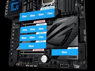 Das ROG Maximus Z790 Dark Hero verfügt über fünf M.2-Steckplätze und zwei PCIe 5.0-Erweiterungssteckplätze.