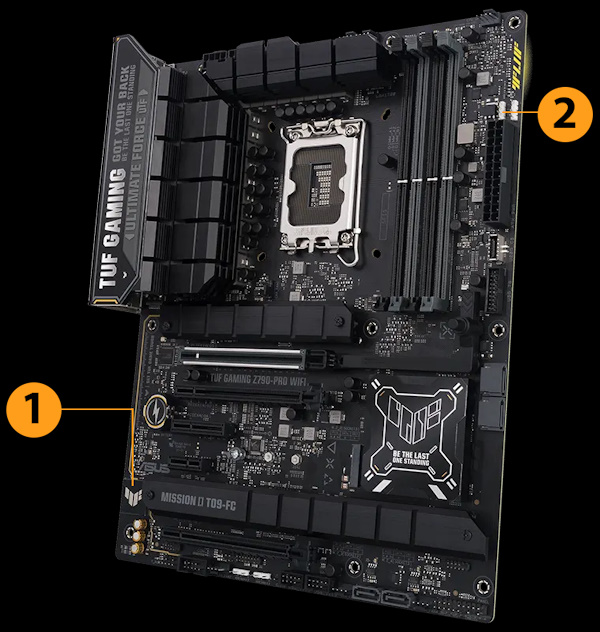 TUF Gaming Mainboard Frontansicht, 60 Grad, mit Aura-Beleuchtung