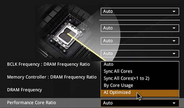 Die UI eines BIOS zeigt, dass AI Overclocking durch die Auswahl von AI Optimized eingerichtet werden kann.