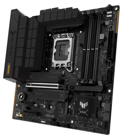 TUF Gaming Mainboard Frontansicht, 60 Grad, mit Aura-Beleuchtung