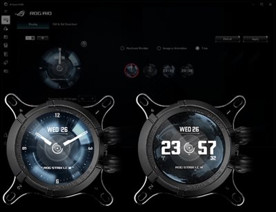 Der UI-Screenshot von Armoury Crate, ROG Strix LC III LCD-Display mit Bild, das die Tageszeit anzeigt,