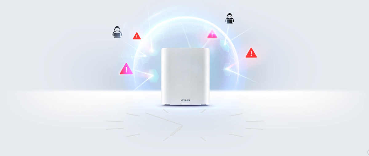 ASUS ZenWiFi BT8 mit einem digitalen Schutzschild, der vor verschiedenen Online-Bedrohungen schützt.